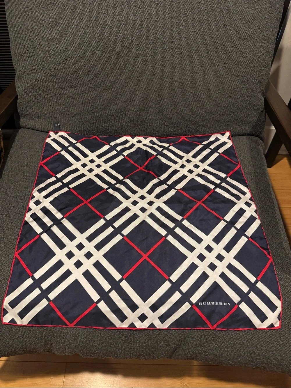 Burberry Navy, White and Red Plaid Silk Scarf